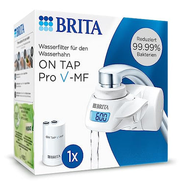BRITA Wasserfilter für Wasserhahn ON TAP Pro V-MF inkl. 1 Filterkartusche (600l) - reduziert 99,99% Bakterien, Chlor, Mikroplastik und schwere Metalle / digitales LCD Display zeigt Restkapazität im Sale